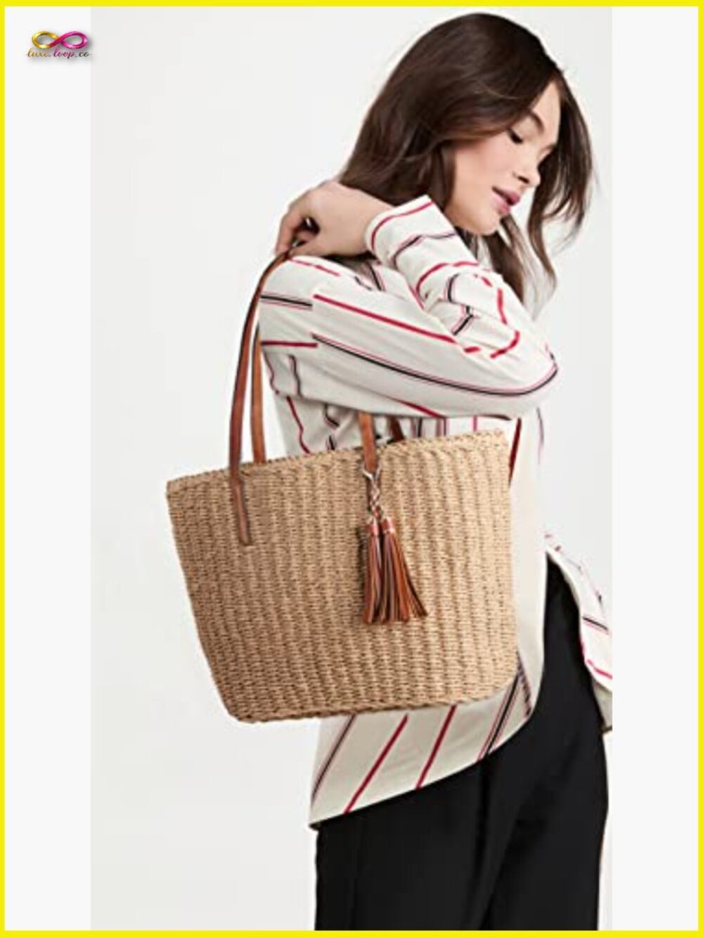 Straw Tote Bag Handwoven Summer Travel Shoulder Bag Midi Size Chic - Picture 2 of 7